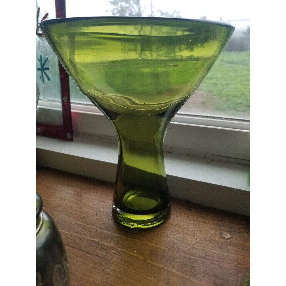 Green Art Glass Vase Aseda Glasbruk Sweden 9.5" Tall Flared Top Mid Century MCM